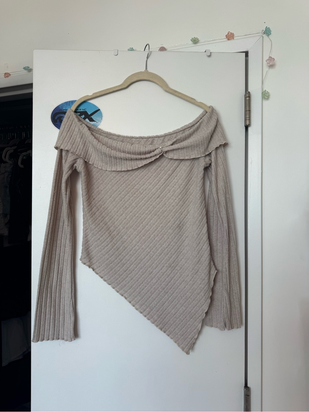 Asymmetric Off-Shoulder Ribbed Sweater - Beige